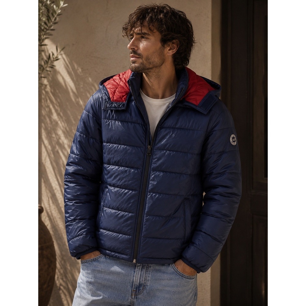 Abercrombie & Fitch Mens Navy Blue Red Hooded Puffer Jacket Full Zip Size M